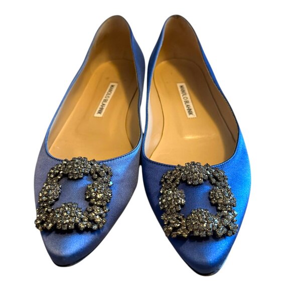 MANOLO BLAHNIK | Hangisi Crystal-Buckle Satin Flat 38.5 8.5 BLUE - Picture 8 of 16